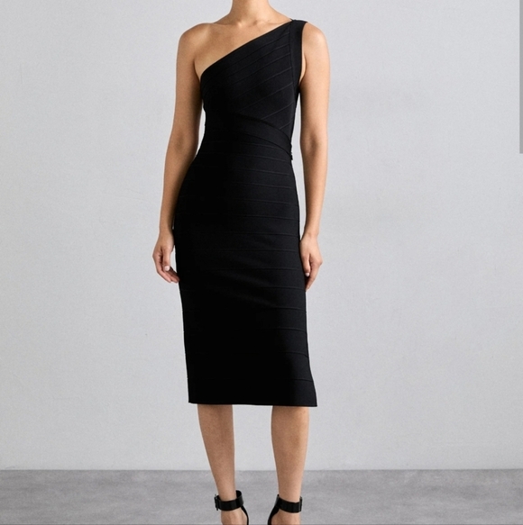 New Hervé Léger The Bella Asymmetrical Black Cocktail Party Midi Dress Small NWT - Picture 4 of 14
